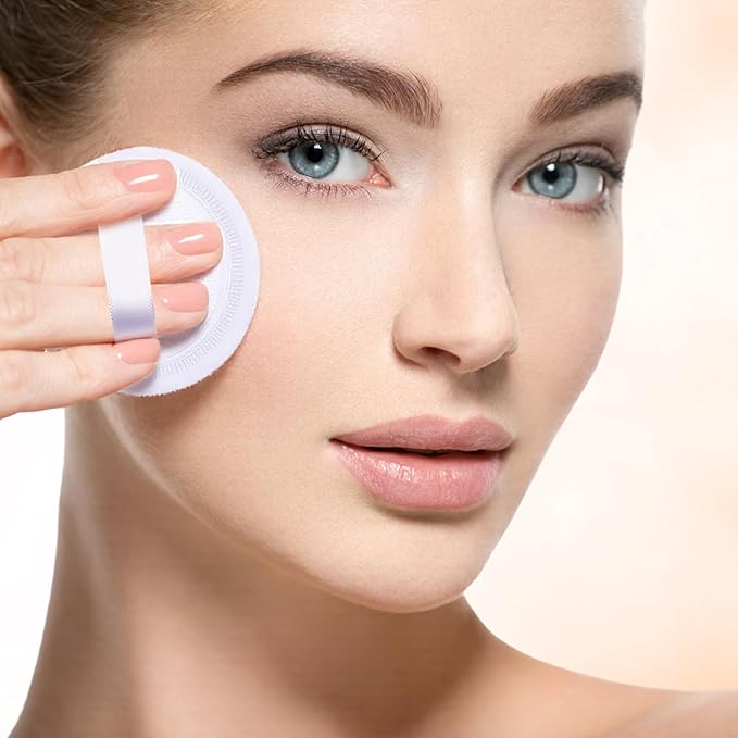 100 Pcs Cotton Powder Puff Washable 2.36 Inch White Round Cosmetic Face Powder Makeup Puffs with Ribbon Body Cosmetic