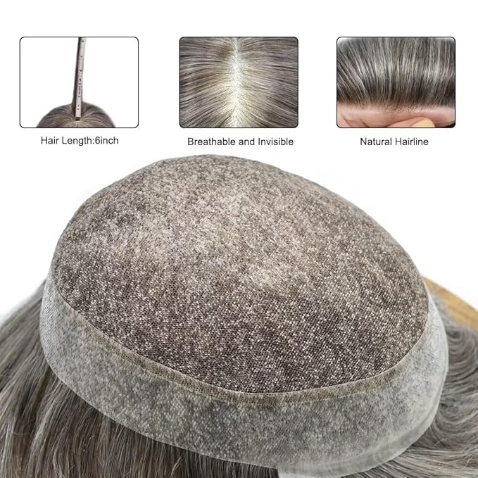FACE MIRACLE Hair System for Men French Lace Mens Toupee Human Hair Replacement System Lace with PU Toupee for Men Male Hair Piece Wigs 6"X8" #365 Dark Brown with 65% Gray