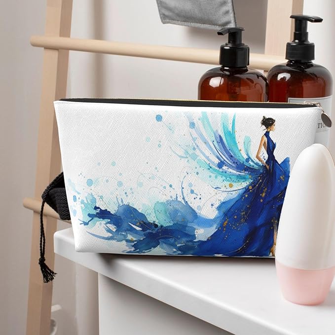 Womens Leather Makeup Bag Cosmetic Bag Travel Toiletry Bags Make Up Bags for Women Adult (Elegant Blue Lady)