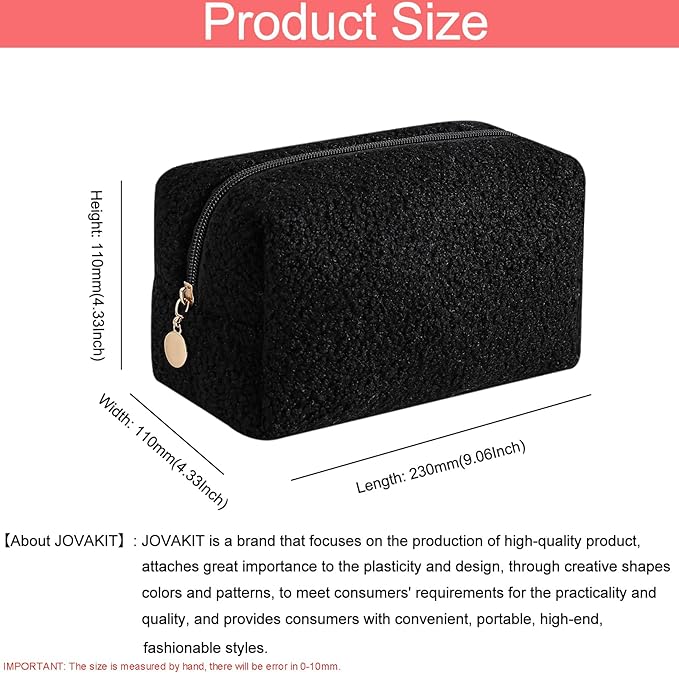 JOVAKIT Travel Makeup Bag Cosmetic Bag for Women, Fashion Christmas Gifts, Plush Zipper Make Up Pouch, Large Capacity Toiletry Organizer Makeup, Portable Storage Bag Trendy Stuff (Black)