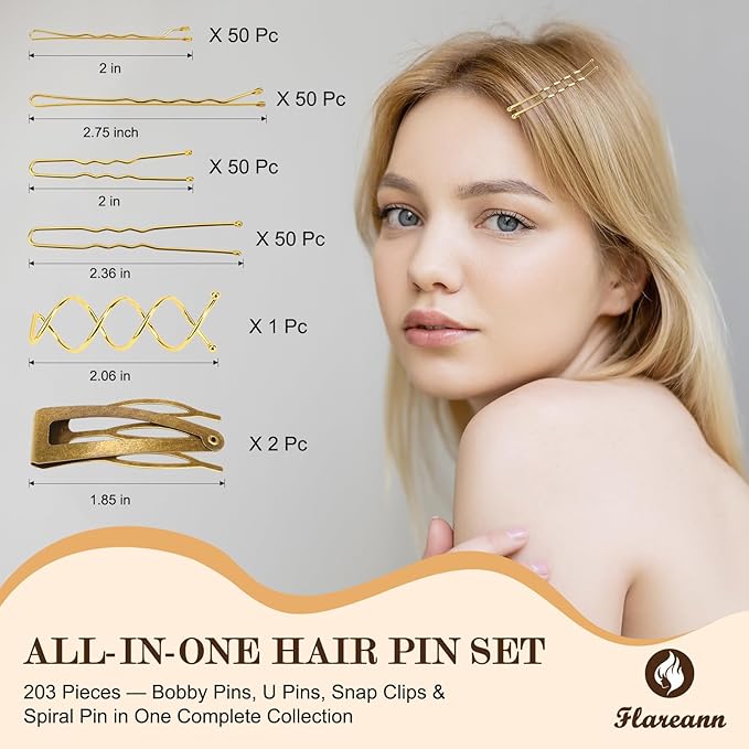 Bobby Pins Set Gold – Hair Accessories Kit for Women & Girls with Bobby Pins, U Shape & Spiral Pin, Perfect for Weddings, Styling, Updos & Buns