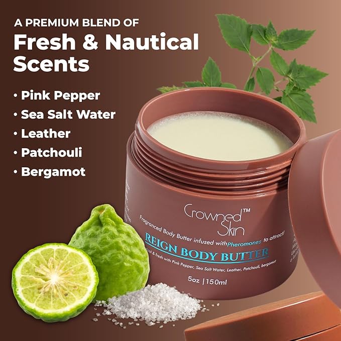 Crowned Skin Reign Cologned Body Butter | Fresh & Nautical Scent | Blended with Pink Pepper & Bergamot | Infused with Organic Shea & Mango Butters | Moisturizing Formula with All-Day Fragrance | 5oz