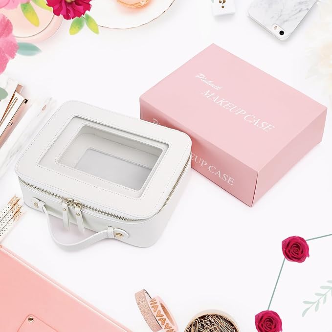 Pinkmik Clear Makeup Bag for Women Waterproof Travel Cosmetics and Toiletries Case Portable Makeup Oaganizer Bag Clear Car Bag with Zipper (White, M+L)