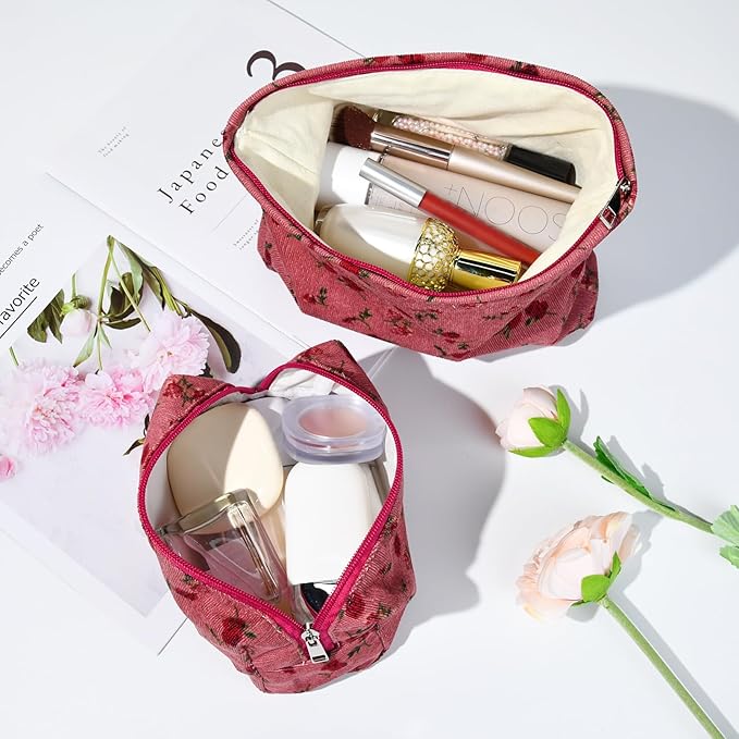 SOIDRAM 2 Pieces Rose Makeup Bag Large Cosmetic Bag Capacity Canvas Mix Travel Toiletry Bag Organizer Cute Makeup Brushes Aesthetic Accessories Storage Bag for Women, Rose Mix Green Red