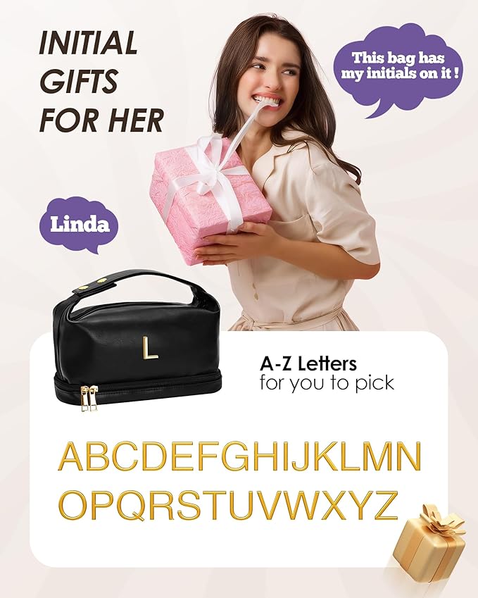 Gifts for Friends, Personalized Makeup Bags with Handle, Waterproof Double Layer Cosmetic Bag, Large Capacity PU Leather Makeup Bags Travel Toiletry Bag with Makeup Brush Organizer