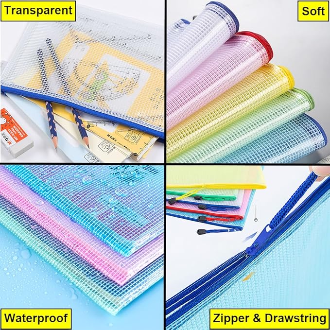 AUSTARK 10 Pcs Zipper File Bags, Waterproof Plastic Mesh Pouch for Office School, Board Game Storage Bags (B6 Size 7.6''x5.3'', Multicolored)