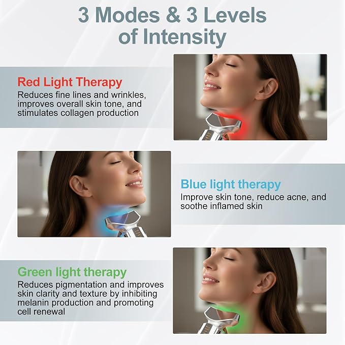 Red Light Beauty Device for Face and Neck, Based on High-end Red and Blue LED Light, Facial Cold and Hot, Vibration Technology, 3 Color Led Face and Neck Beauty Device for Home Use, Pearly White