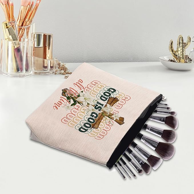 Pink Bible Makeup Bag for Women, Inspirational Christian Gifts for Women, Church Prayer Bible Supplies, Cute Aesthetic Pink God is Good Cosmetic Bag Pouch