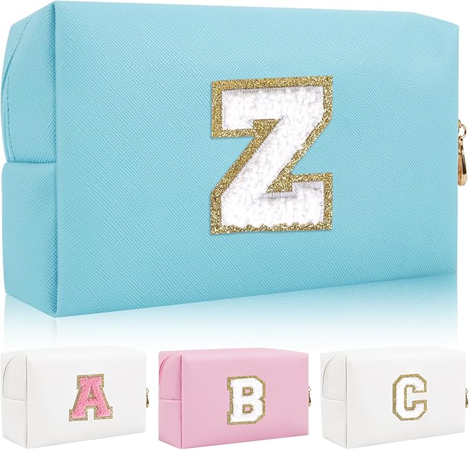 Personalized Initial Letter Patch Makeup Bag, Preppy Portable Chenille Letter Cosmetic Bag with Zipper, PU Leather Waterproof Travel Toiletry Bag Monogram Make Up Pouch for Women Girls