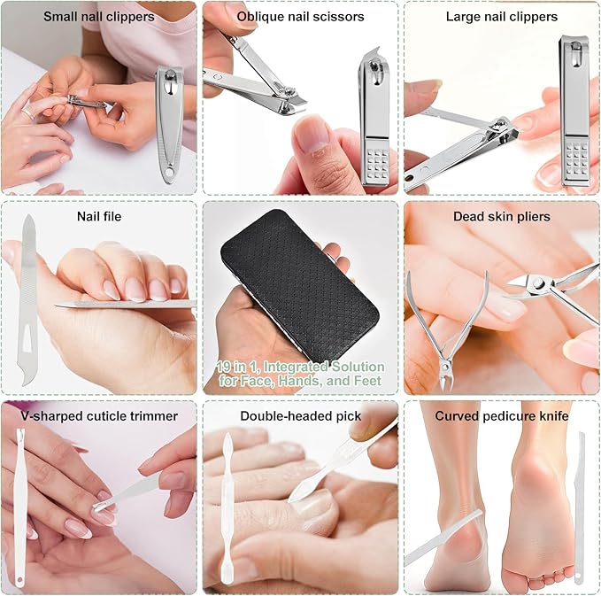 19 in 1 Manicure Set & Nail Clippers Kit, Professional Stainless Steel Grooming Kit for Women & Men, Complete Nail Care Tools with Travel Case, Ideal for Toenail, Pedicure, Home Use or Travel, Black