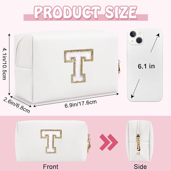 Personalized Small Travel Preppy Makeup Bag, Chenille Letter White Cute Makeup Bag Initial Cosmetic Pouch Toiletry Organizer, PU Waterproof Makeup Storage Thanksgiving Gifts for Friends(Letter T)