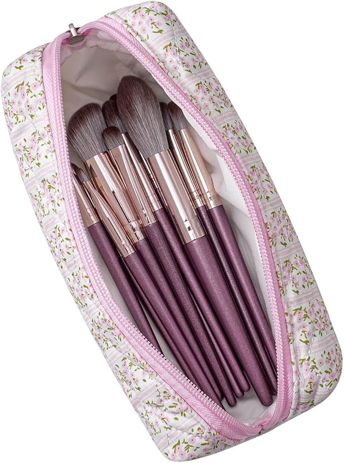Cute Floral Cotton Makeup Brush Cosmetic Bag for Women, Travel Quilted Zipper Make Up Bag, Flowers Toiletry Organizer Case Kawaii Makeup Cosmetic Travel Cloth Pouch (Pink+Purple Floral)
