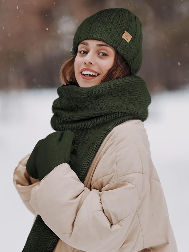 Winter Beanie Hat Scarf Gloves, Warm Fleece Knit Hat Long Scarf Neck Warmer Touch Screen Winter Gloves Set Gifts for Women