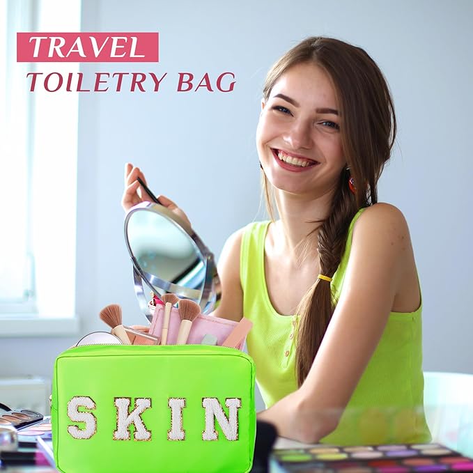 Remerry 4 PCS Nylon Cosmetic Bags Waterproof Spacious Travel Makeup Organizer for Women Chenille Letter Preppy Zipper Pouch Face Stuff Skin Hair Organizer Gift(Fluorescent Colors)