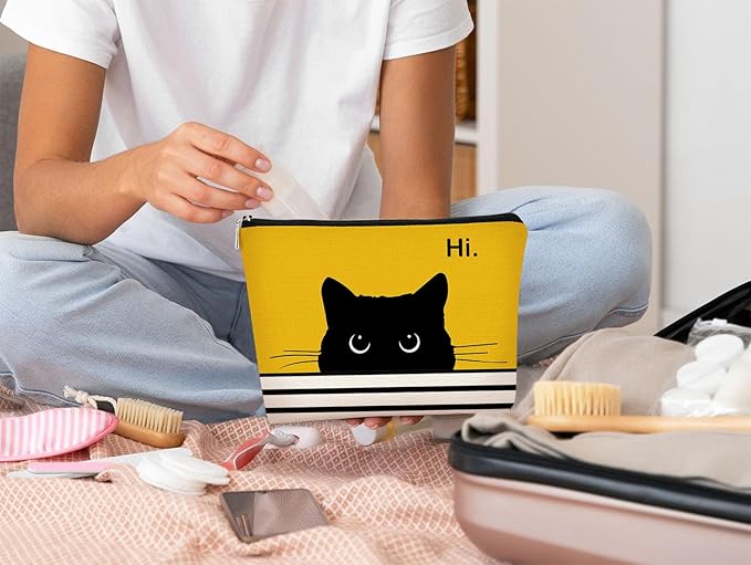 Cat Makeup Bag - Small Cute Cosmetic Bag for Women & Teen Girls - Birthday & Cat Lady Gifts (Black, Yellow)