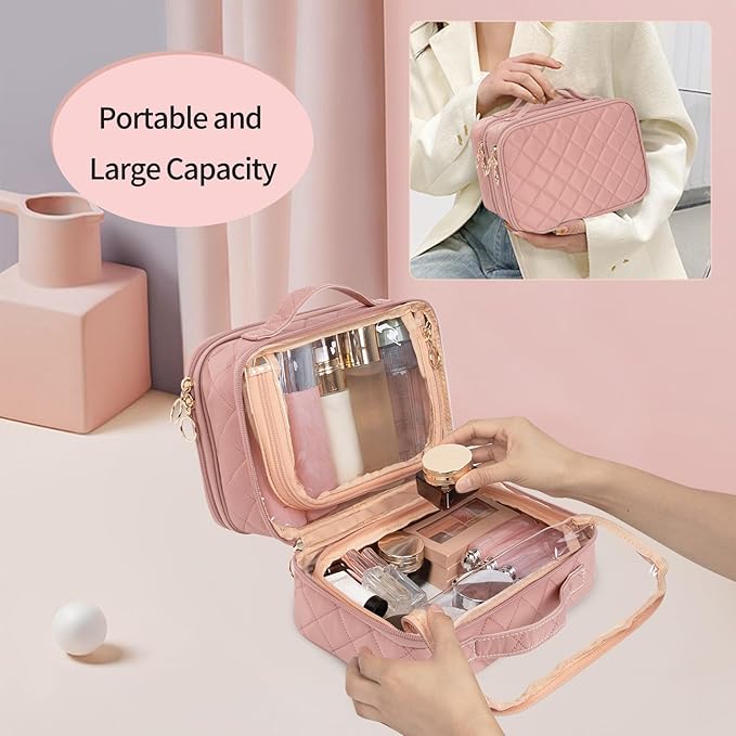 OCHEAL Clear Makeup Bag, Double Layer Cosmetic Bag, Large Capacity Minimalist Cosmetic Case for Women Travel Beauty Essentials, Multiple Compartments Makeup Case Organizer Zipper Pouch -Nude Pink