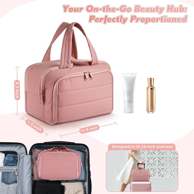 Travel Toiletry Bag:  Large Capacity, 4 Compartments, Wet/Dry Separation, Ultra-Soft Lightweight Fabric & Anti-Spill Design for Travel,Gym,Gift(11.8" L) (Raspberry Pink)