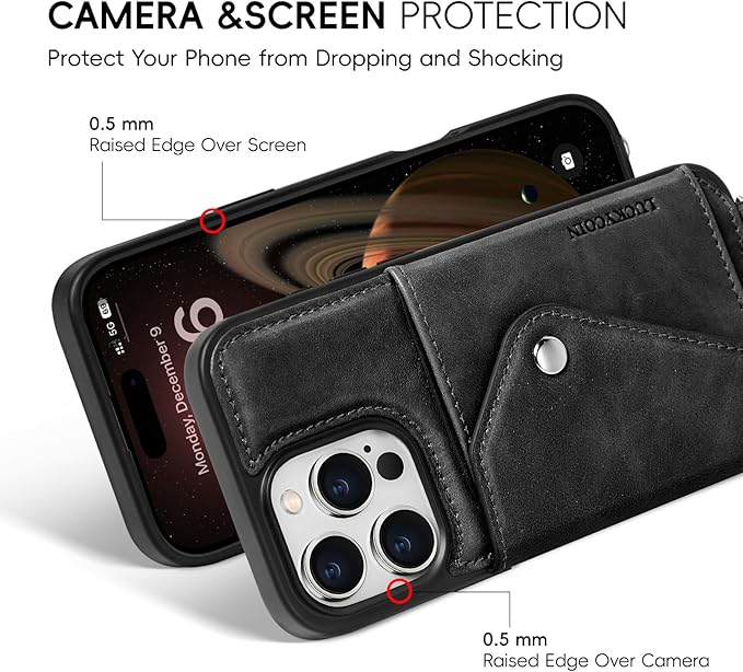 LUCKYCOIN Crossbody Wallet Phone Case for iPhone 16 Pro Max,100% Genuine Leather Wallet Phone Case with Expandable Flip Card Holder,Phone Purse for Women with Adjustable Removable Strap - Black