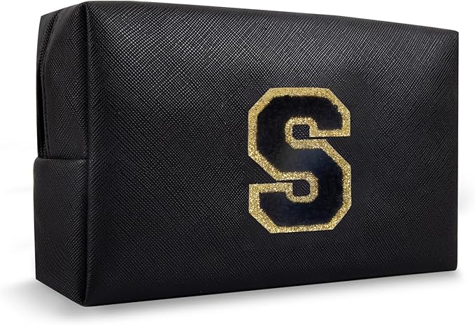 Small Travel Initial Preppy Makeup Bag, Cute Black Cosmetic Organizer Toiletry Zipper Pouch Make Up Bag for Purse, Waterproof Chenille Letter Make Up Storage Personalized Gift for Sister Mom(Letter S)