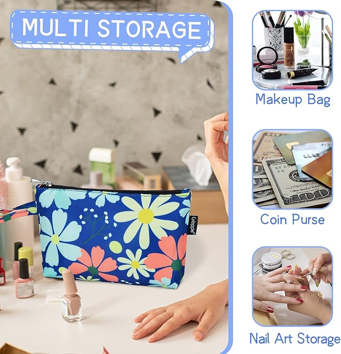 Gloppie Makeup Bag for Women Small Bag for Purse Tiny Travel Cosmetic Bag Zipper Makeup Pouch Klein Blue Flower