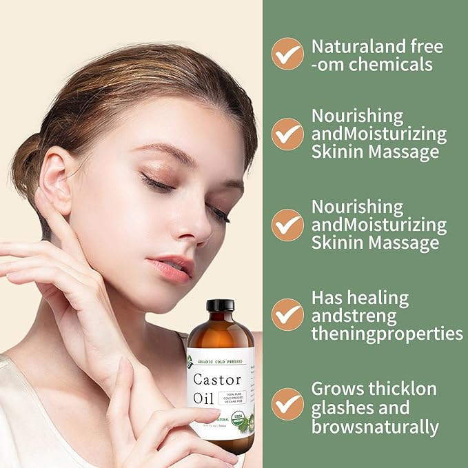 Castor Oil-Castor Oil Organic Cold Pressed Unrefined Glass Bottle-Organic Certified 100% Pure Castor Oil,Hexane Free,Organic Castor Oil for Face,Hair Growth,Eyelashes,Caster 16.91fl.oz/500ml
