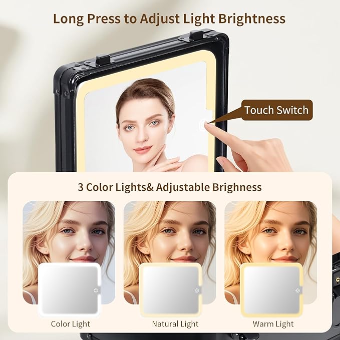 Travel Makeup Case with Lighted LED Mirror – Waterproof Cosmetic Organizer with Adjustable Dividers, Portable Makeup Train Case for Women, Black