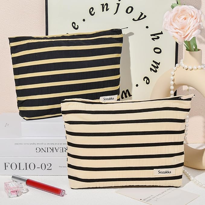 SOIDRAM 2 Pieces Makeup Bag Large Stripe Cosmetic Bag Capacity Canvas Travel Toiletry Bag Organizer Cute Makeup Brushes Aesthetic Accessories Storage Bag for Women, Stripe L Black White