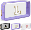 Personalized Initial Letter Clear Makeup Bag,Preppy Small Nylon&PVC Cosmetic Zipper Bag with Chenille Letter,Travel Skincare Toiletry Bag,Monogram Christmas Gift for Teen Girls Women,L