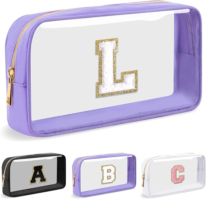 Personalized Initial Letter Clear Makeup Bag,Preppy Small Nylon&PVC Cosmetic Zipper Bag with Chenille Letter,Travel Skincare Toiletry Bag,Monogram Christmas Gift for Teen Girls Women,L