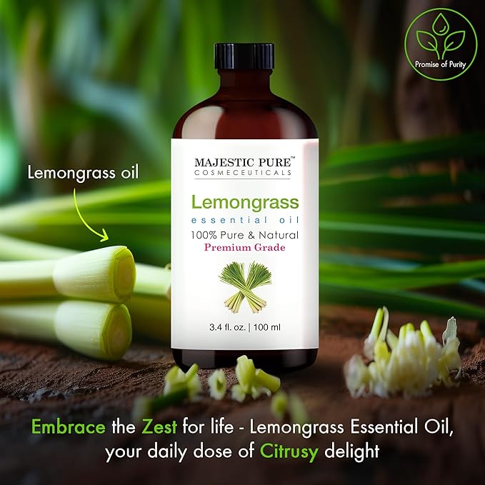 Majestic Pure Lemongrass Essential Oil with Glass Dropper - 3.4 Fl Oz - 100% Pure and Natural Lemongrass Oil - Premium Grade Essential Oils for Diffuser, Aromatherapy, Soap and Candle Making