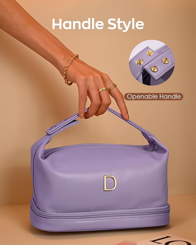 Personalized Makeup Bags， Personalized Bags with Handle, Waterproof Double Layer Cosmetic Bag, Large Capacity PU Leather Makeup Bags Letter Travel Toiletry Bag with Makeup Brush Organizer