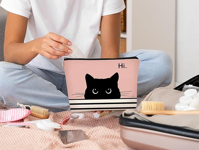 Cute Cat Makeup Bag - Black & Pink, Small Cosmetic Bag for Women & Girls, Birthday Gift for Cat Lovers & Owners