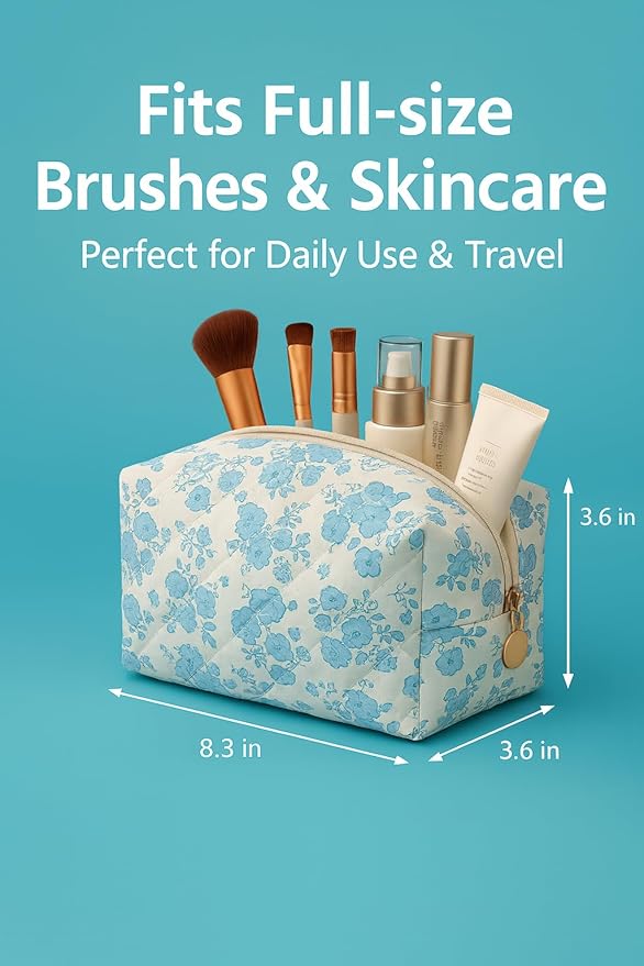 Floral Cotton Makeup Brush Cosmetic Bag for Women, Travel Quilted Zipper Pouch, Large Capacity Flowers Toiletry Organizer, Kawaii Makeup Storage Case, Cosmetic Travel Cloth Bag-White/Blue Flowers