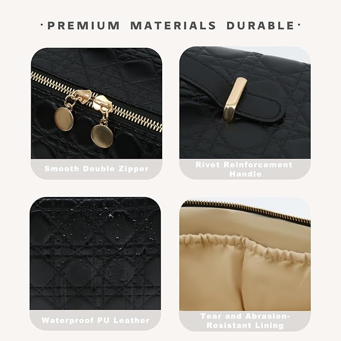 Travel Makeup Bag – Large Cosmetic Organizer with Waterproof PU Leather, Smooth Double Zipper & Tear-Resistant Lining, Toiletry Pouch for Women (Black)