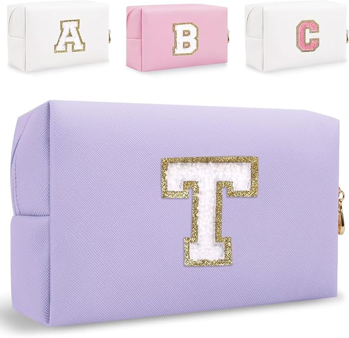 Small Personalized Letter Makeup Bag, Cute PU Leather Chenille Letters Cosmetic Bag Travel Makeup Pouch, Preppy Travel Organizer Zipper Pouch for Women&Girls（Purple-T）