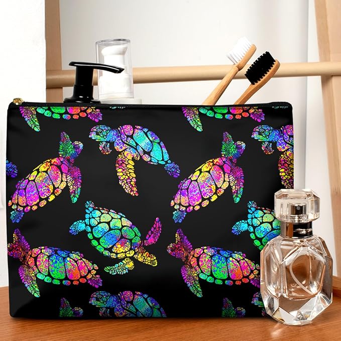 Cute Makeup Bag for Purse Waterproof Cosmetic Bags for Women Funny Smooth Zipper Travel Toiletry Pouch 10X8 Inches-Rainbow Turtle Makeup pouch