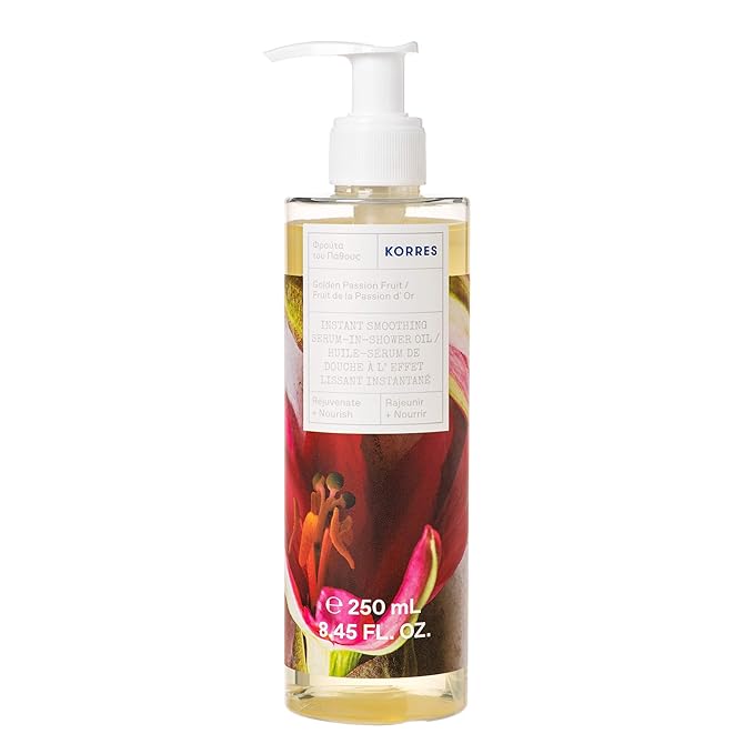 KORRES In-Shower Oil, Body Serum with Sweet Almond Oil for Dry Skin Care, Moisturizing and Hydrating Serum for Post Bath or Shower, Body Oils for Women, Golden Passion Fruit, 8.45 Fl Oz
