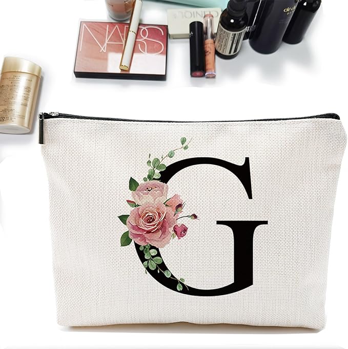 Initial A-Z Personalized Letter Makeup Bag, Monogrammed Bridesmaid Gifts/Presents Cosmetic Bag, Portable Stationery Storage Organizer Pouch, Friendship Love Travel Makeup Bags