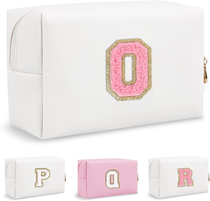 Small Cute Initial Preppy Makeup Bag, Personalized Cosmetic Zipper Pouch Chenille Letter Toiletry Bags for Traveling, Waterproof PU Makeup Case Organizer Travel Essentials for Sister Friends(Letter O)