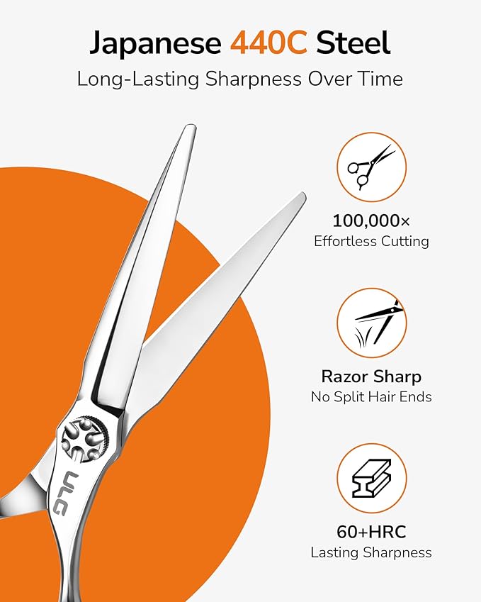 ULG Hair Cutting Shears & Thinning Scissors Kit, Japanese 440C Stainless Steel, Professional Barber Scissors Set for Home and Salon, 6.7-Inch 2.2oz Lightweight, Ergonomic Offset Handles