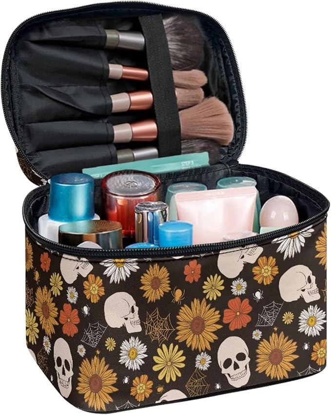 Gothic Skull Daisy Floral Pattern Travel Makeup Bag for Women Large Capacity Cosmetic Bags with Zipper and Handle Make Up Tote Bags Organizer Portable Toiletry Bags