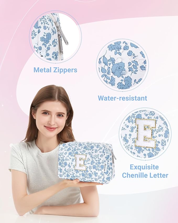 Narwey Birthday Gifts for Teen Girls Kids Women Personalized Initial Floral Makeup Bag Cute Cosmetic Trendy Stuff 6 8 10 11 12 13 14 16 18 Years Old Travel Toiletry Bag (Little Blue Flower E)