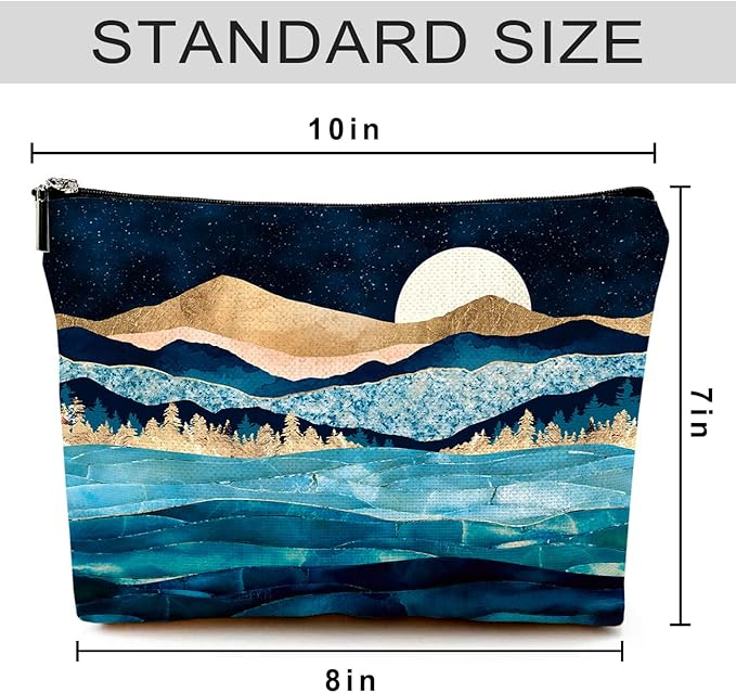 Cute Makeup Bag for Purse Canvas Waterproof Funny Cosmetic Bags for Women Zipper Travel Toiletry Pouch-Mountain Moon Lake Makeup Bags