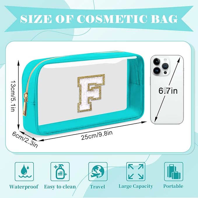 Personalized Initial Letter Clear Makeup Bag,Preppy Small Nylon&PVC Cosmetic Zipper Bag with Chenille Letter,Portable Beach Travel Skincare Toiletry Bag,Trendy Monogram Gift for Teen Girls Women,F