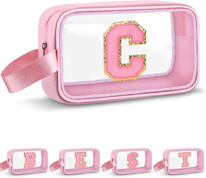 Initial Makeup Bag,Letter C Cute Clear Monogrammed Cosmetic Travel Bag for Womens Girls,Personalized Pink Aesthetic Traveling Make Up Organizer Bag for Beach,Waterproof Toiletry Bag