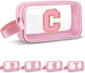 Initial Makeup Bag,Letter C Cute Clear Monogrammed Cosmetic Travel Bag for Womens Girls,Personalized Pink Aesthetic Traveling Make Up Organizer Bag for Beach,Waterproof Toiletry Bag