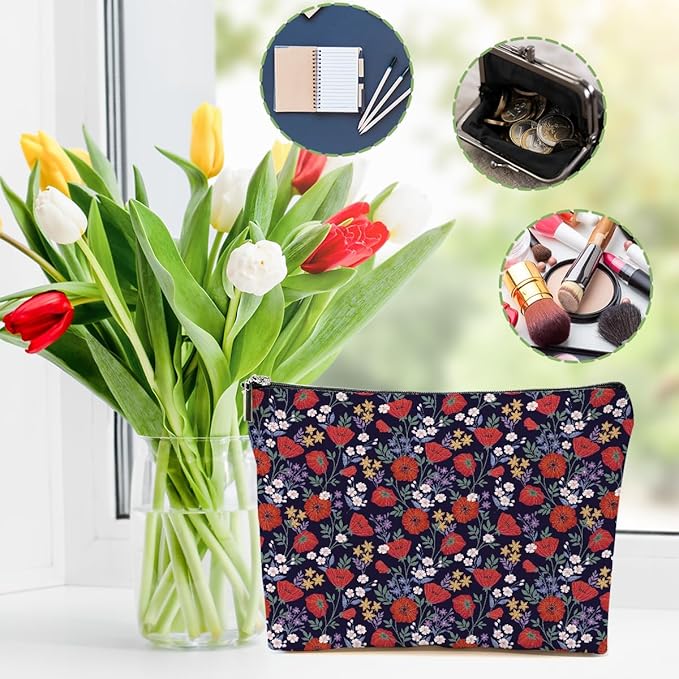 4 Packs Cute Flowers Makeup Bag Floral Wildflower Cosmetic Bag Friend Friendship Gifts for Women Girls Sister Daughter Botanical Travel Organizer Zipper Pouch Christmas Thanksgiving Birthday Gifts