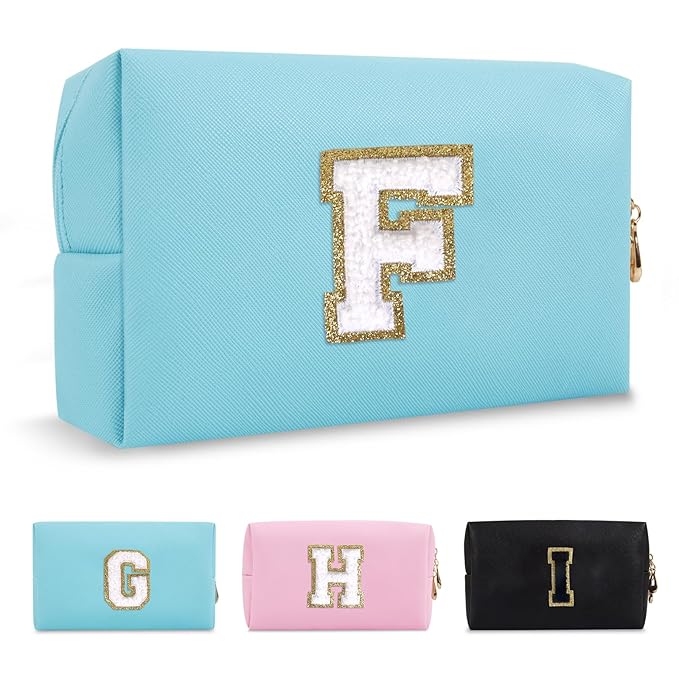 Small Personalized Initial A-Z Preppy Patch Makeup Bag,PU Chenille Letter Travel Cosmetic Pouch with Zipper,Blue Cute Toiletry Bag,Gift Ideal for Teen Girls Women Teacher Bridesmaid,Letter F