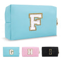 Small Personalized Initial A-Z Preppy Patch Makeup Bag,PU Chenille Letter Travel Cosmetic Pouch with Zipper,Blue Cute Toiletry Bag,Gift Ideal for Teen Girls Women Teacher Bridesmaid,Letter F