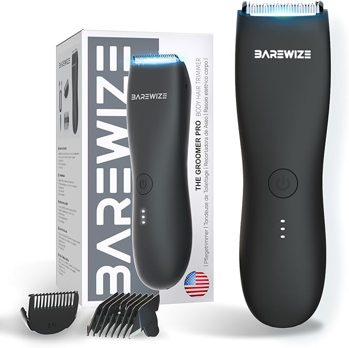 Body Hair & Pubic Hair Trimmer for Men | Waterproof, USB-C Rechargeable, LED Light, Replaceable Ceramic Blade, Electric Ball Shavers, Manscape Kit, Mens Personal Groomer (Black)